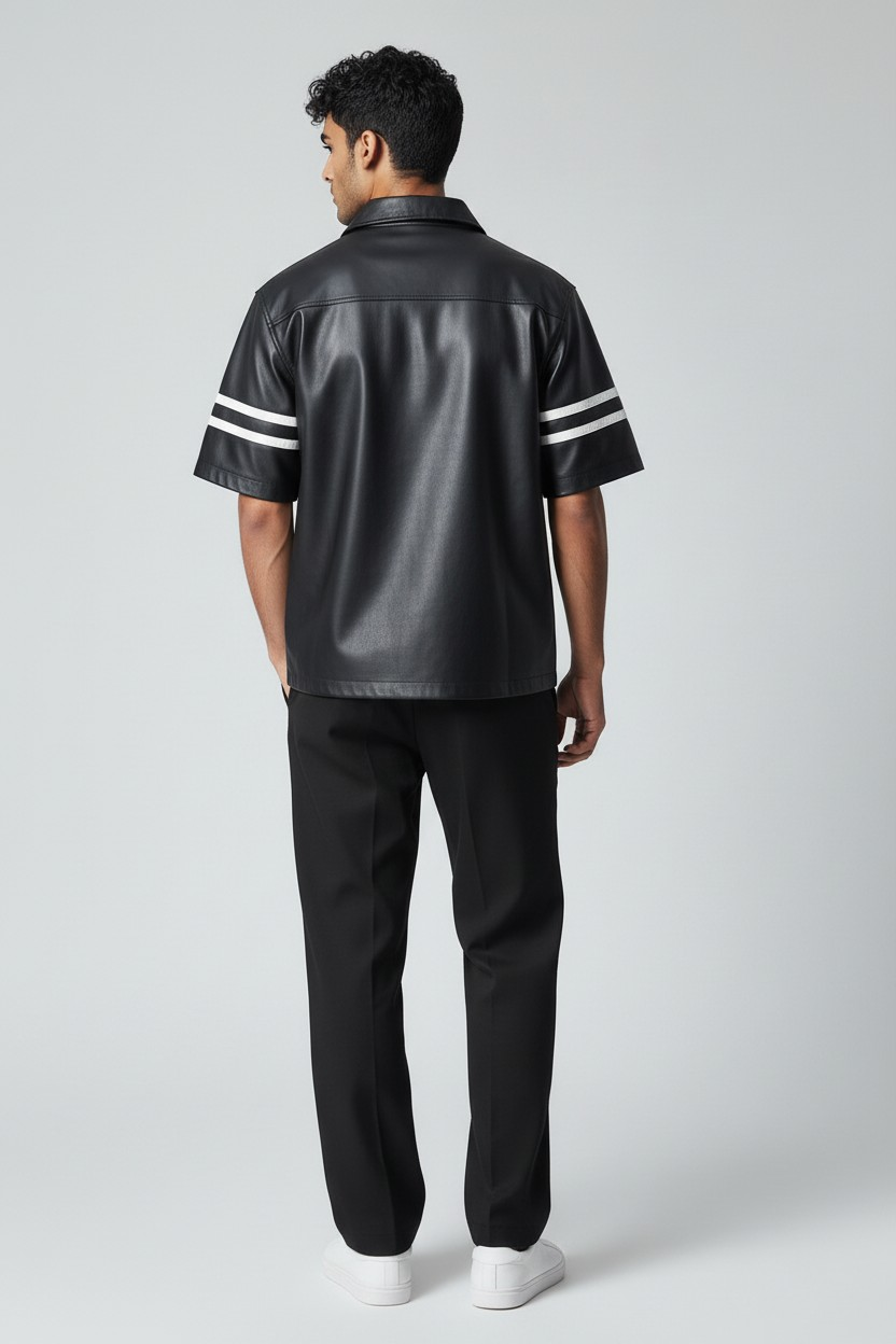 MEN'S REAL LEATHER SHORT SLEEVES ZIP UP FRONT WITH WHITE STRIPES AT SLEEVES SHIRT