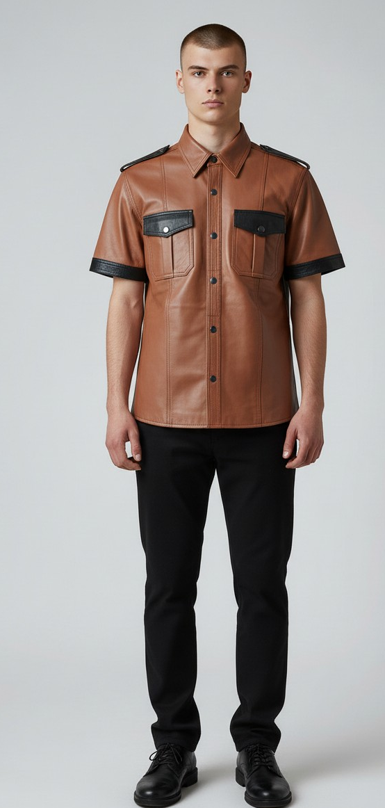 Men's Real Lamb Leather Police Uniform Shirt Sexy Short Sleeve Tan Leather Shirt With Black Trims