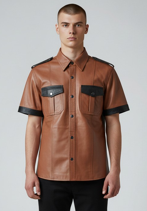 Men's Real Lamb Leather Police Uniform Shirt Sexy Short Sleeve Tan Leather Shirt With Black Trims