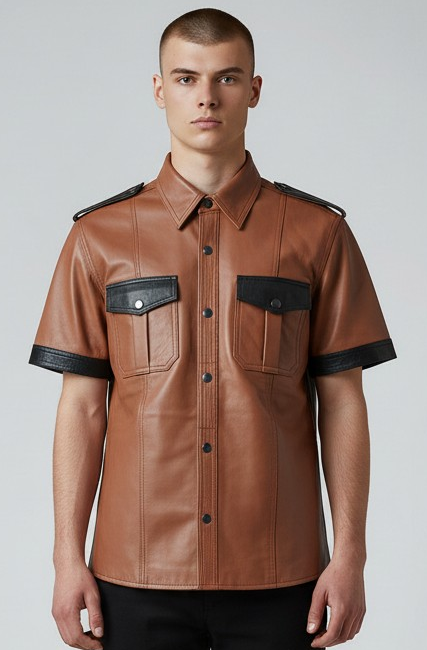 Men's Real Lamb Leather Police Uniform Shirt Sexy Short Sleeve Tan Leather Shirt With Black Trims