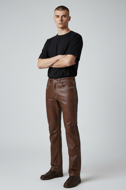 Men's Real Vintage Leather 5 Pockets Pants With Contrast Stitching