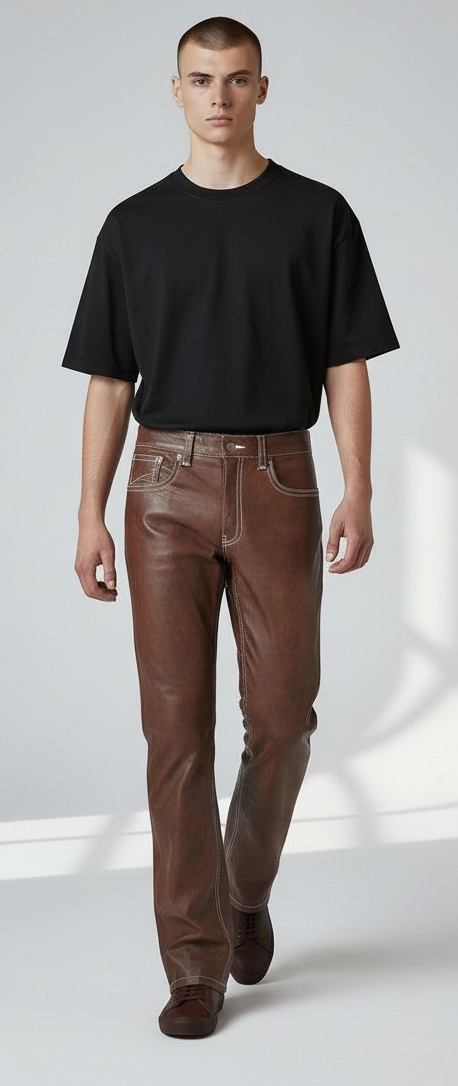 Men's Real Vintage Leather 5 Pockets Pants With Contrast Stitching
