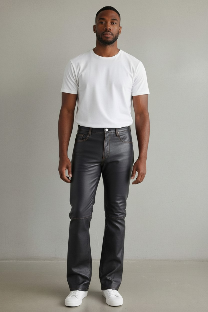 Men's Lamb Leather Boot cut Pants 5 Pockets With Contrast Thread