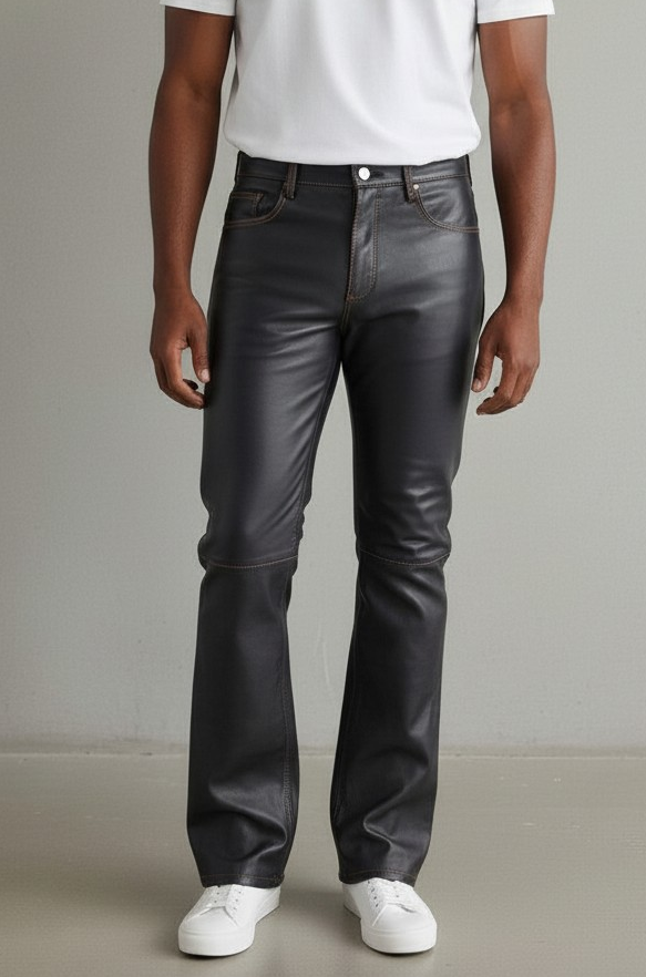 Men’s Lamb Leather Boot cut Pants 5 Pockets With Contrast Thread Bikers Pants