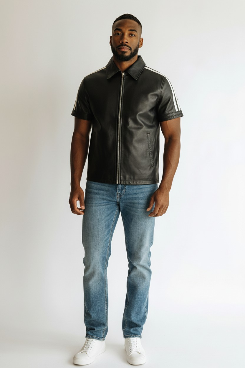 MEN'S REAL COW LEATHER SHORT SLEEVES SHIRT WHITE LEATHER STRIPES