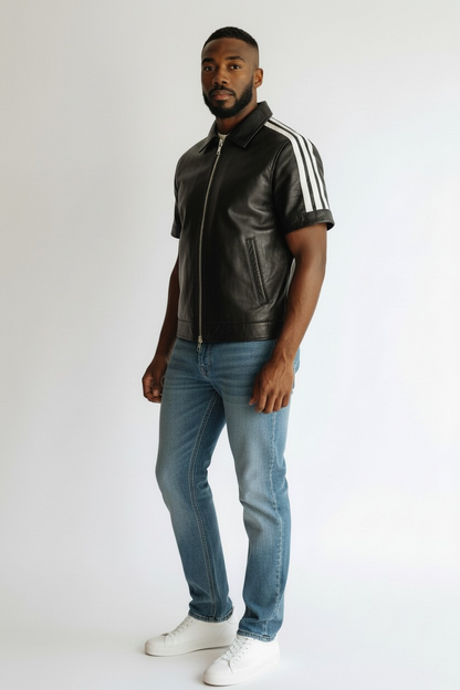 MEN'S REAL COW LEATHER SHORT SLEEVES SHIRT WHITE LEATHER STRIPES