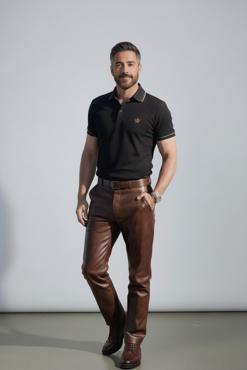 Men's Real Vintage Leather Chinos Style Pants Slash Pockets 2 Tone Leather Pants