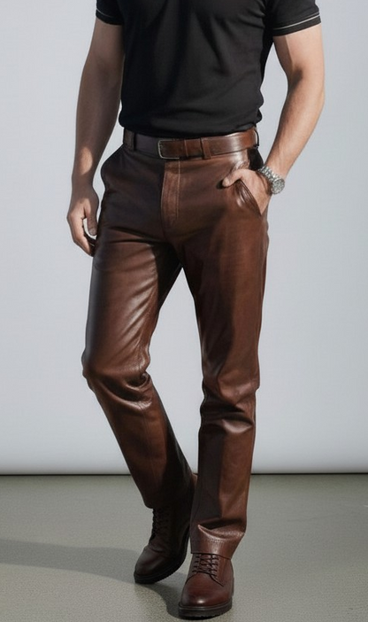 Men's Real Vintage Leather Chinos Style Pants Slash Pockets 2 Tone Leather Pants
