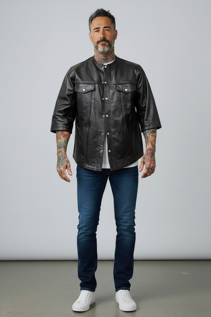 Men's Real Cow Leather 3/4 Short Sleeves Shirt Round Neck Shirt