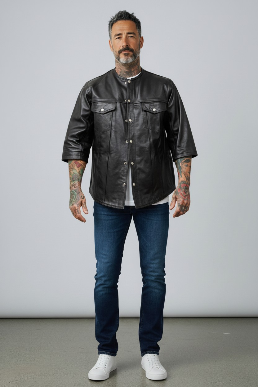 Men's Real Cow Leather 3/4 Short Sleeves Shirt Round Neck Shirt