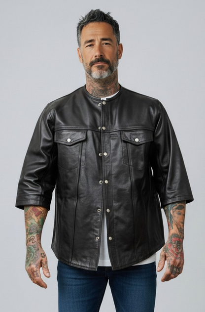 Men's Real Cow Leather 3/4 Short Sleeves Shirt Round Neck Shirt