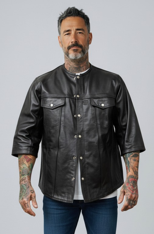 Men's Real Cow Leather 3/4 Short Sleeves Shirt Round Neck Shirt
