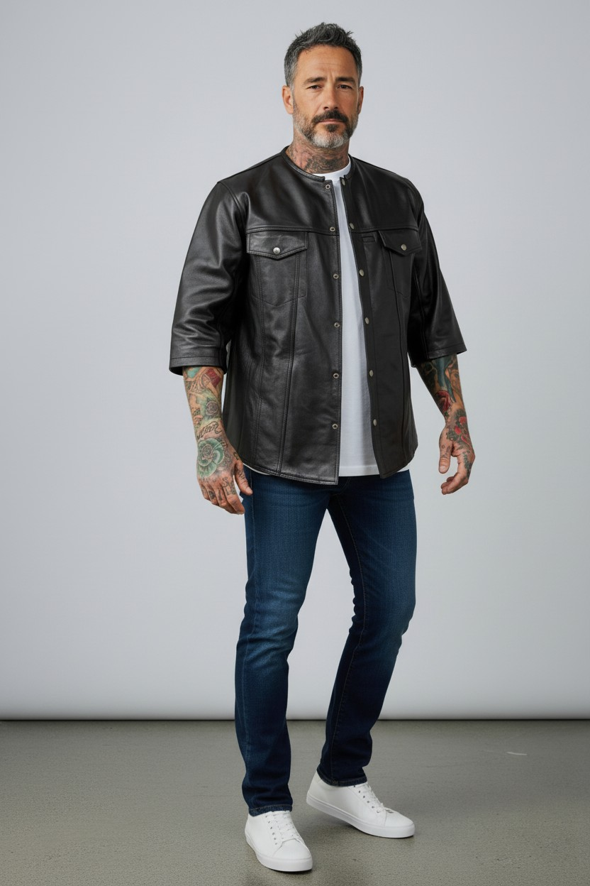 Men's Real Cow Leather 3/4 Short Sleeves Shirt Round Neck Shirt