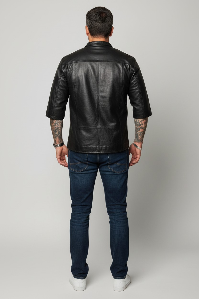 Men's Real Cow Leather 3/4 Short Sleeves Shirt Round Neck Shirt
