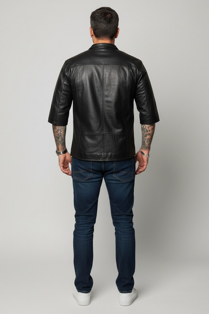 Men's Real Cow Leather 3/4 Short Sleeves Shirt Round Neck Shirt