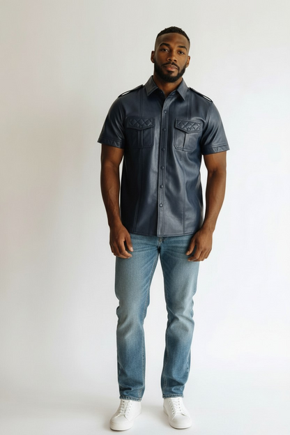 Men's Real Lamb Leather Police Shirt Quilted Panels Gay Leather Shirt