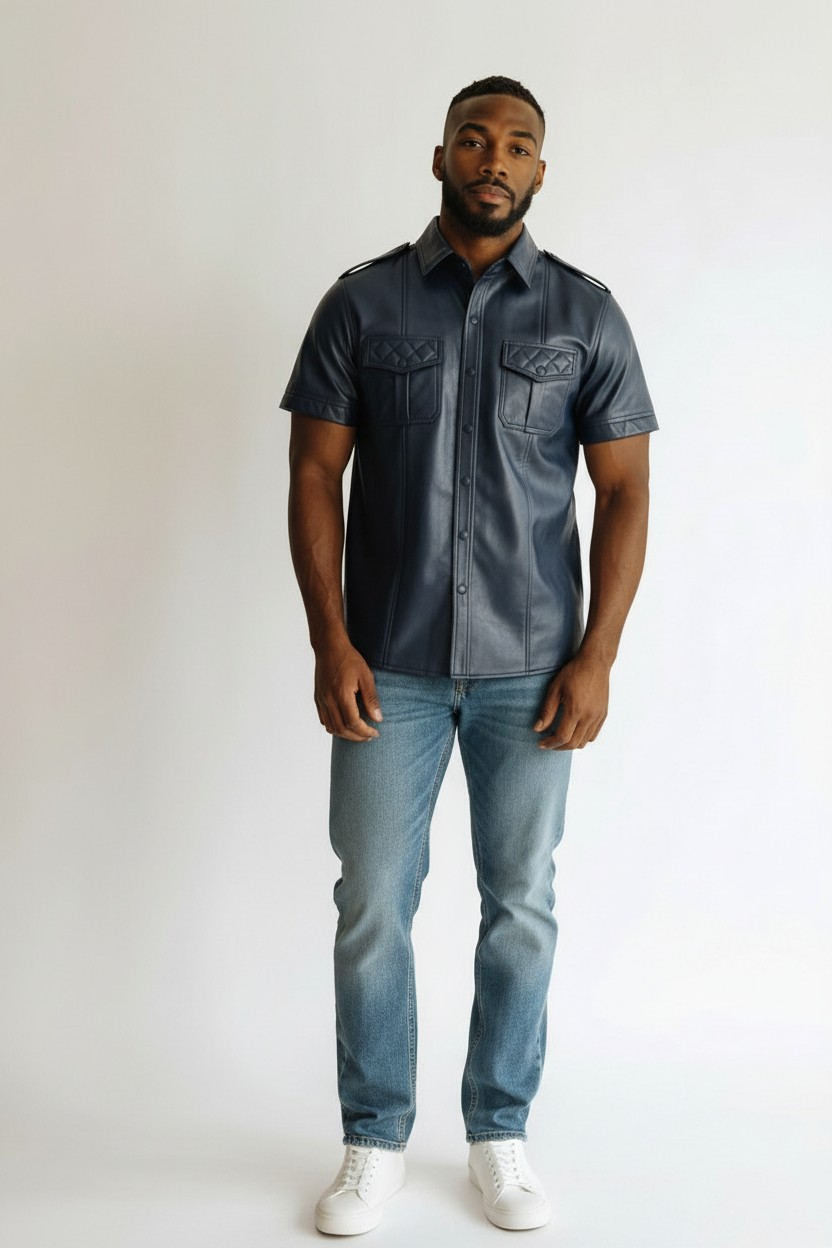 Men's Real Lamb Leather Police Shirt Quilted Panels Gay Leather Shirt