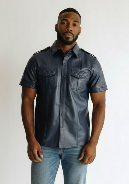 Men's Real Lamb Leather Police Shirt Quilted Panels Gay Leather Shirt
