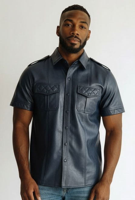Men's Real Lamb Leather Police Shirt Quilted Panels Gay Leather Shirt