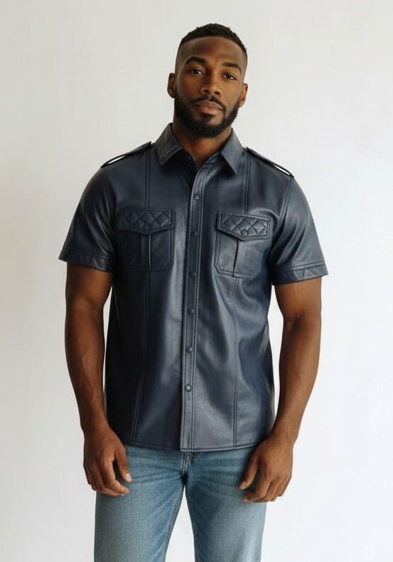 Men's Real Lamb Leather Police Shirt Quilted Panels Gay Leather Shirt