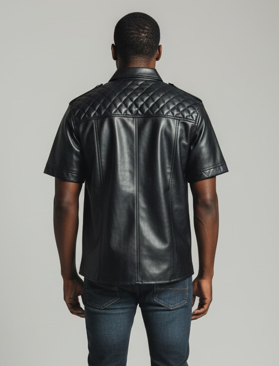 Men's Real Lamb Leather Police Shirt Quilted Panels Gay Leather Shirt