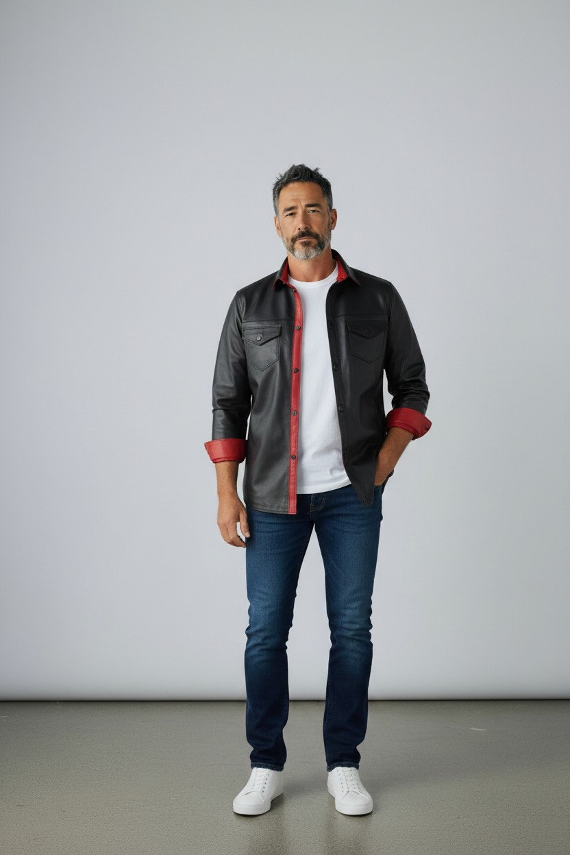 Men's Real Lamb Leather Full Sleeves Shirt Black With Red Accent Leather Shirt