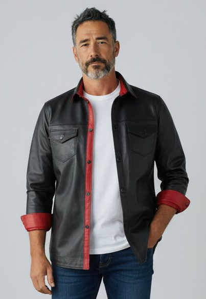 Men's Real Lamb Leather Full Sleeves Shirt Black With Red Accent Leather Shirt