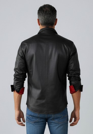 Men's Real Lamb Leather Full Sleeves Shirt Black With Red Accent Leather Shirt