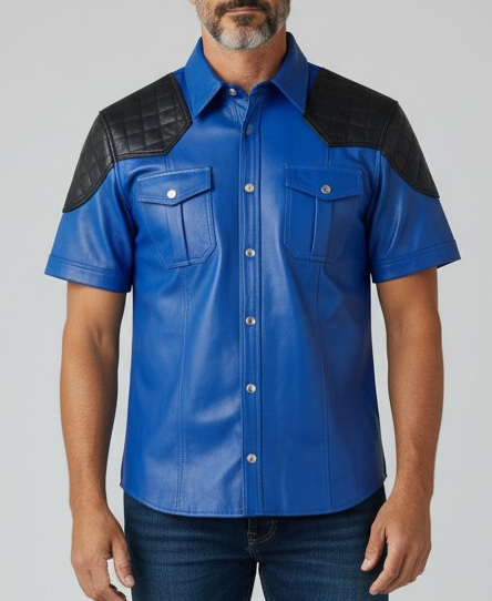 Men's Real Leather Police Shirt Soft Lamb Leather Gay Leather Shirt