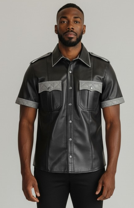 MEN'S REAL LAMB LEATHER SHORT SLEEVES SHIRT CONTRAST LEATHER PANELS & PIPING