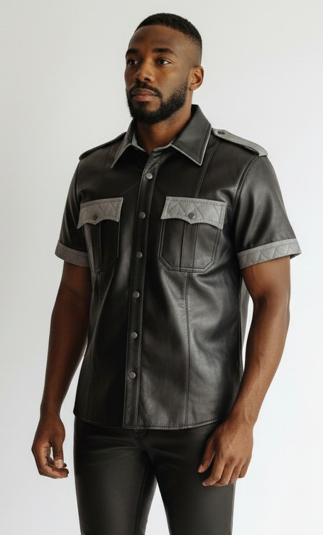 MEN'S REAL LAMB LEATHER SHORT SLEEVES SHIRT CONTRAST LEATHER PANELS & PIPING