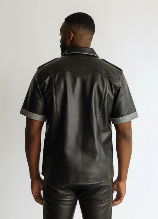 MEN'S REAL LAMB LEATHER SHORT SLEEVES SHIRT CONTRAST LEATHER PANELS & PIPING