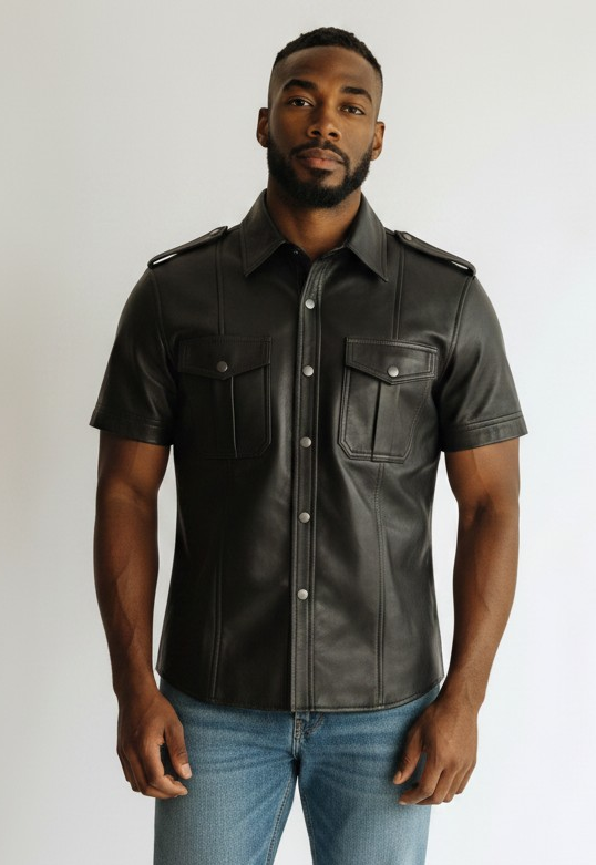 Men's Real Lamb Leather Police Style Sexy Shirt Short Sleeves Leather Shirt