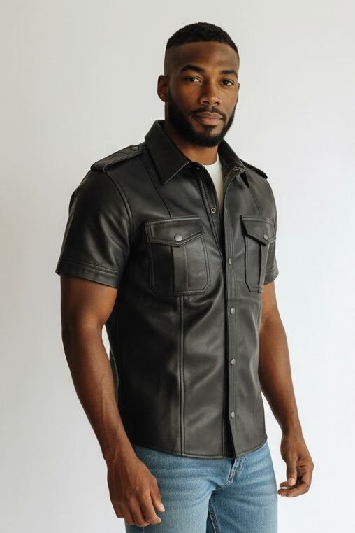Men's Real Lamb Leather Police Style Sexy Shirt Short Sleeves Leather Shirt