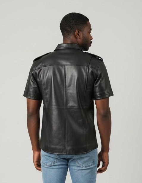 Men's Real Lamb Leather Police Style Sexy Shirt Short Sleeves Leather Shirt