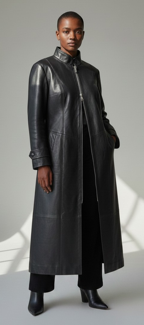 Women's Real Lamb Leather Long Length Duster Coat Trench Coat  Back Laces Corset Style
