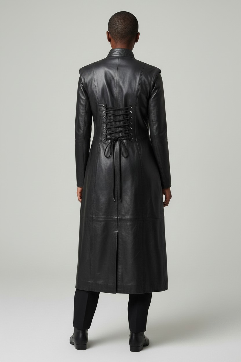 Women's Real Lamb Leather Long Length Duster Coat Trench Coat  Back Laces Corset Style