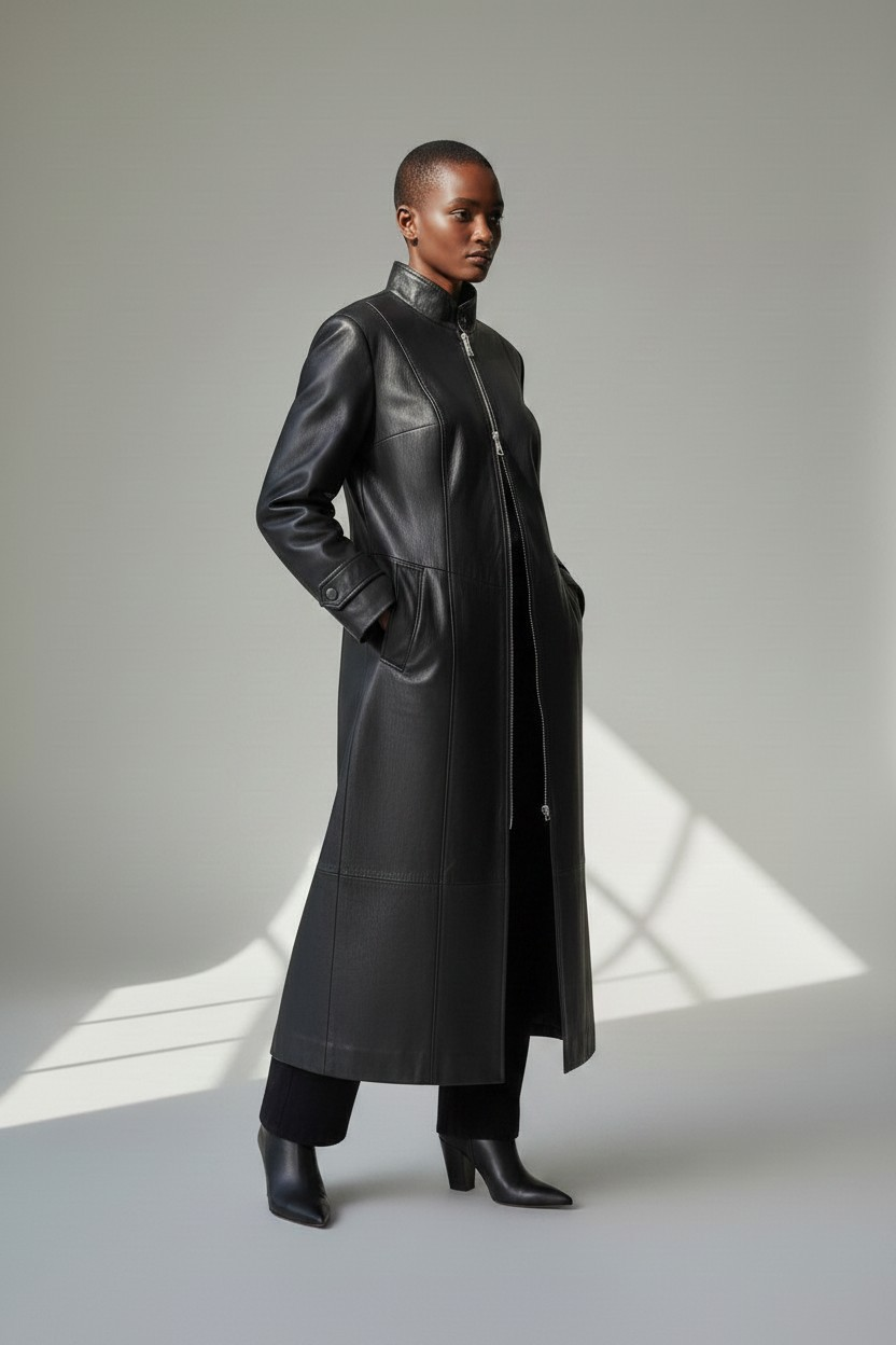 Women's Real Lamb Leather Long Length Duster Coat Trench Coat  Back Laces Corset Style