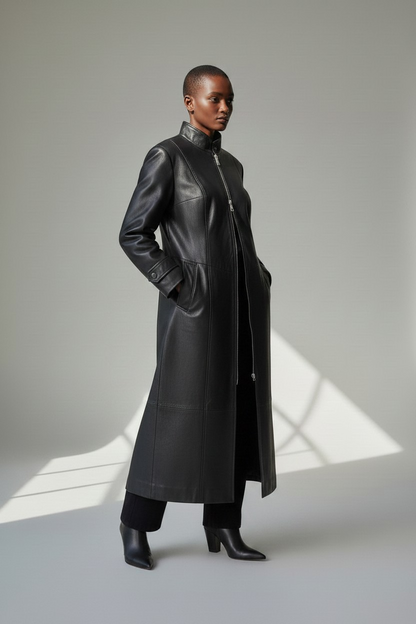 Women's Real Lamb Leather Long Length Duster Coat Trench Coat  Back Laces Corset Style