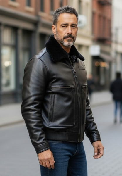 Men's Real Leather Flying Jacket Pilot /Aviator / Bomber + Detachable Fur Collar: