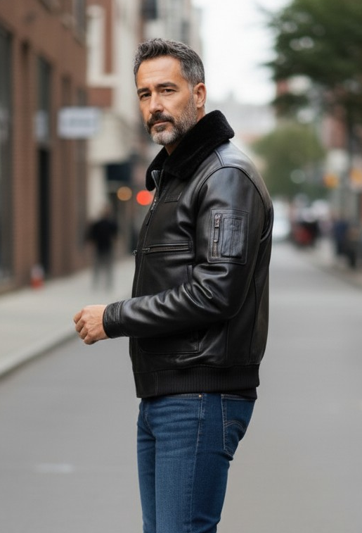 Men's Real Leather Flying Jacket Pilot /Aviator / Bomber + Detachable Fur Collar: