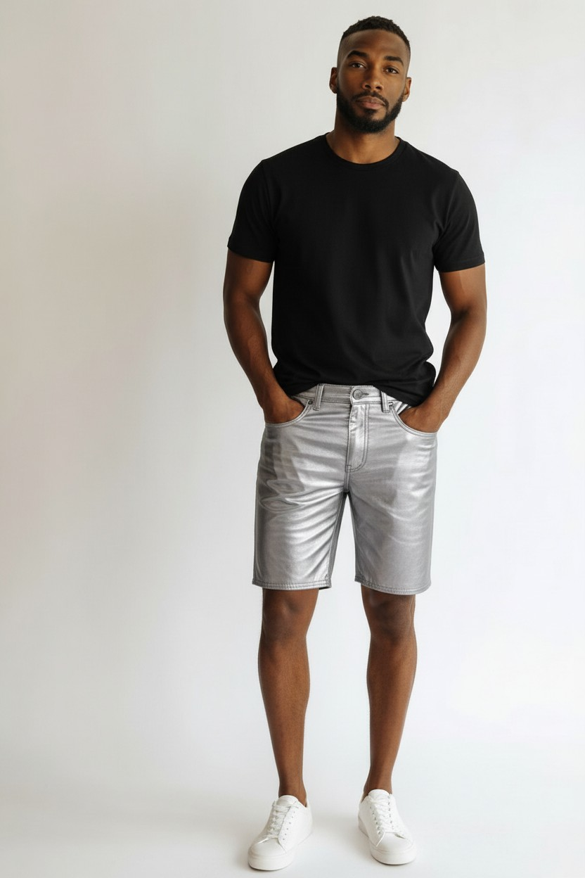 Men’s Real Metallic Lamb Leather 5 Pockets Shorts Slim Fit Leather Shorts