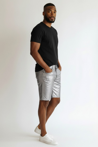 Men’s Real Metallic Lamb Leather 5 Pockets Shorts Slim Fit Leather Shorts