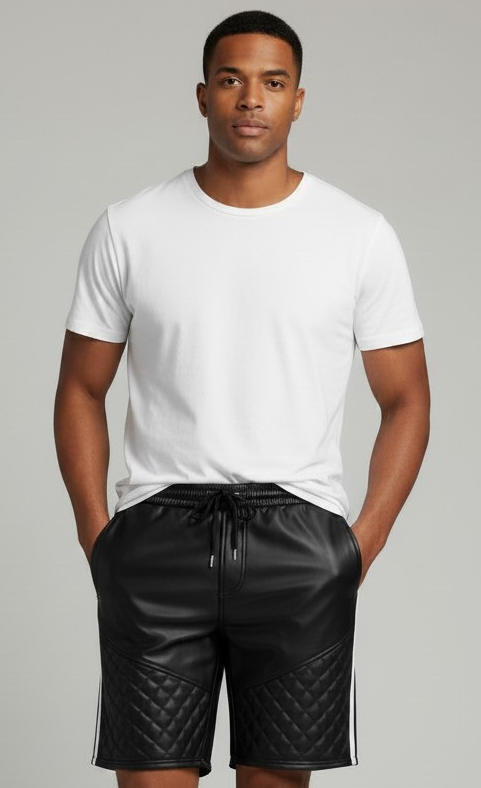Men’s Real Lamb Leather Relax Fit Shorts Shorts with Quilted Panels,Stripes & Drawstring