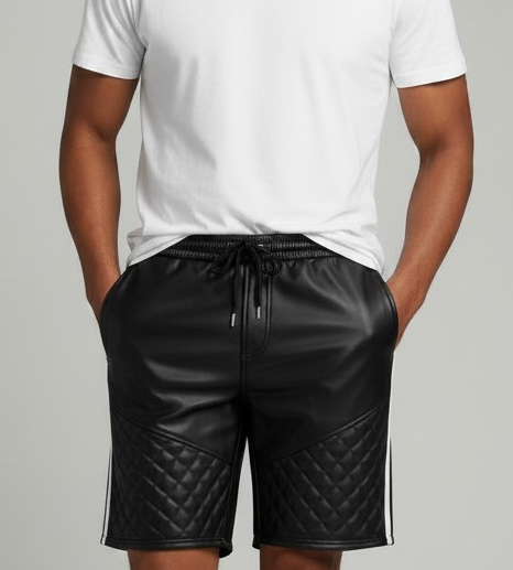 Men’s Real Lamb Leather Relax Fit Shorts Shorts with Quilted Panels,Stripes & Drawstring