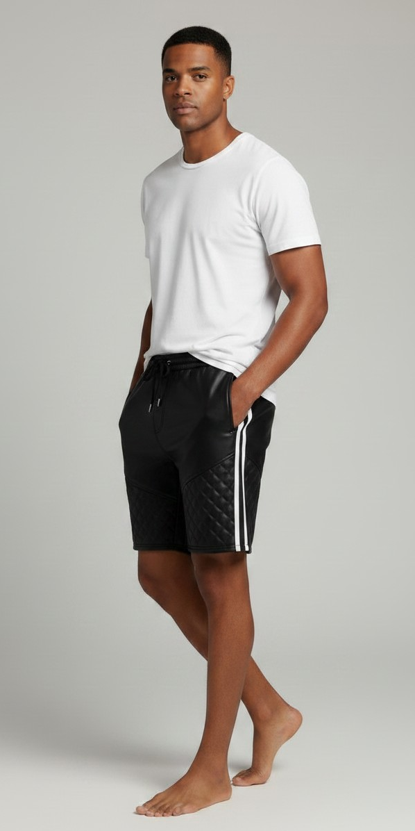 Men’s Real Lamb Leather Relax Fit Shorts Shorts with Quilted Panels,Stripes & Drawstring