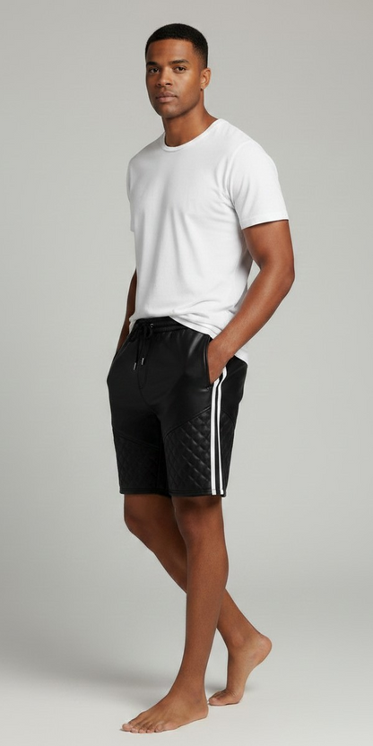 Men’s Real Lamb Leather Relax Fit Shorts Shorts with Quilted Panels,Stripes & Drawstring