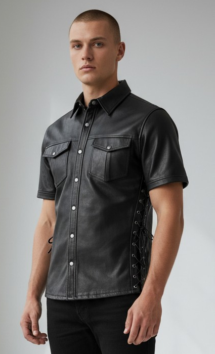 MEN'S REAL LAMB LEATHER SHORT SLEEVES SIDE LACES SHIRT