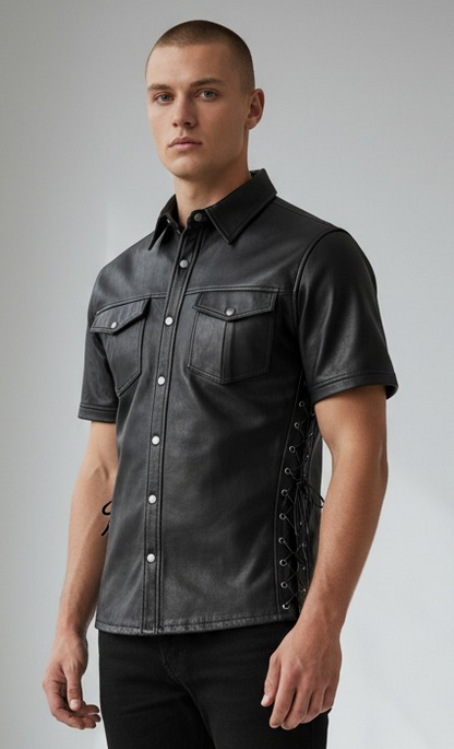 MEN'S REAL LAMB LEATHER SHORT SLEEVES SIDE LACES SHIRT