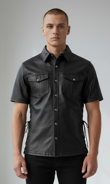 MEN'S REAL LAMB LEATHER SHORT SLEEVES SIDE LACES SHIRT